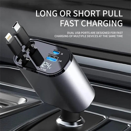 Introducing our incredible 4-in-1 120W Retractable Car Charger with USB Type C Cable! And guess what? when you buy two, you get one absolutely free!